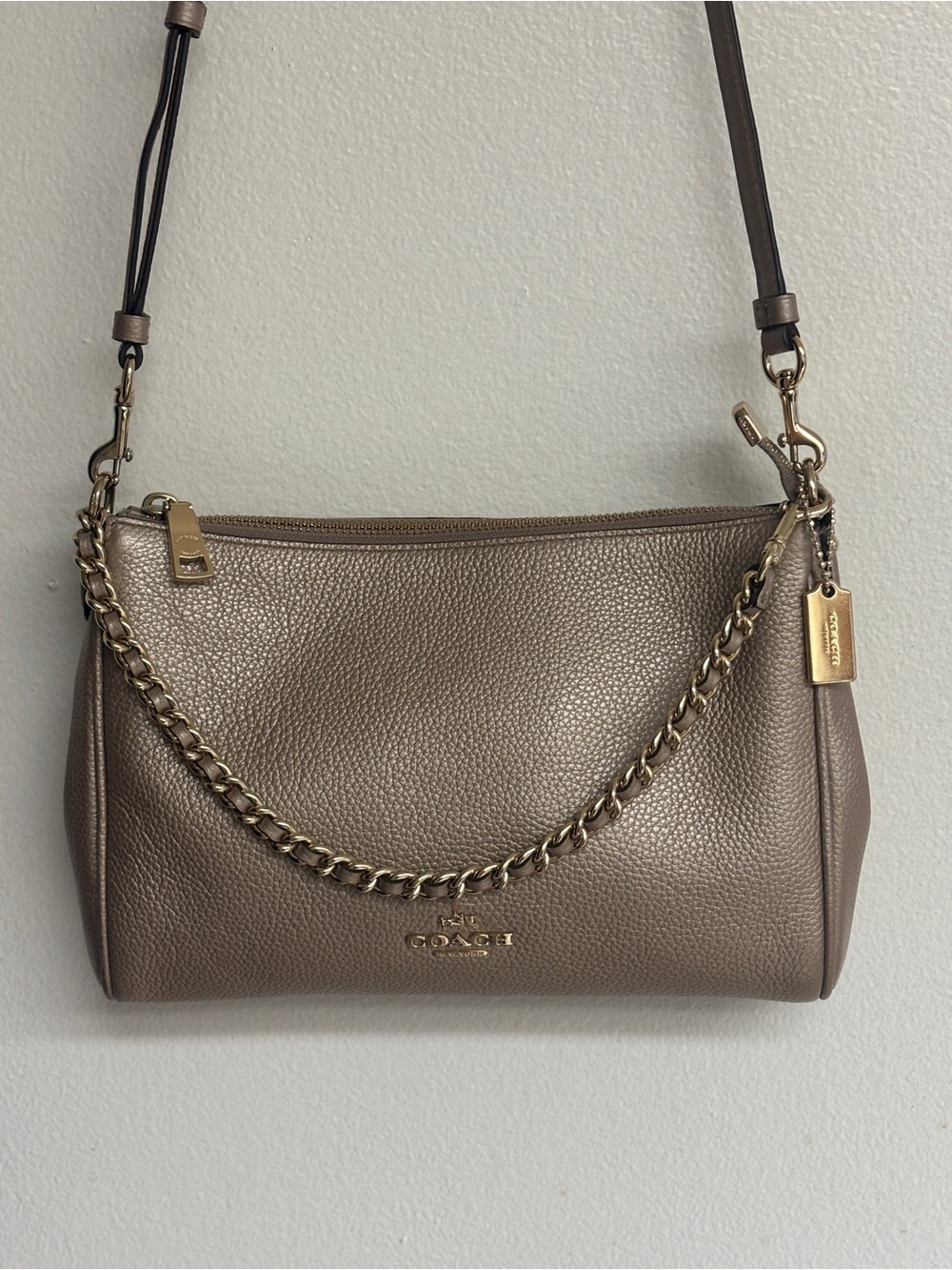 Coach Carrie Metallic Taupe Pebbled Leather Shoulder Bag